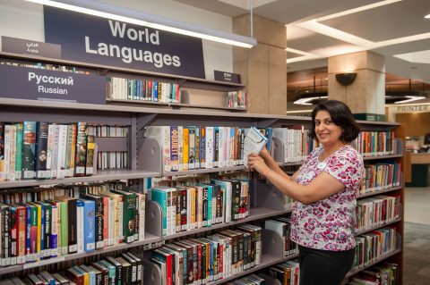 Staff shelving books in the world languages section