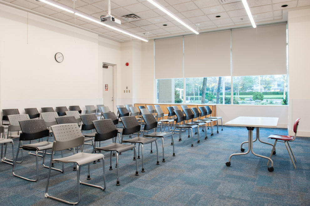 Chairs set up in the program room at the Bob Prittie Metrotown Branch